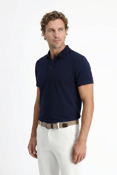 Orta Lacivert Polo Yaka Regular Fit Nakışlı Pamuklu Tişört