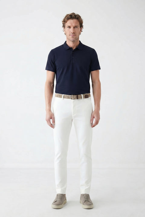 Orta Lacivert Polo Yaka Regular Fit Nakışlı Pamuklu Tişört