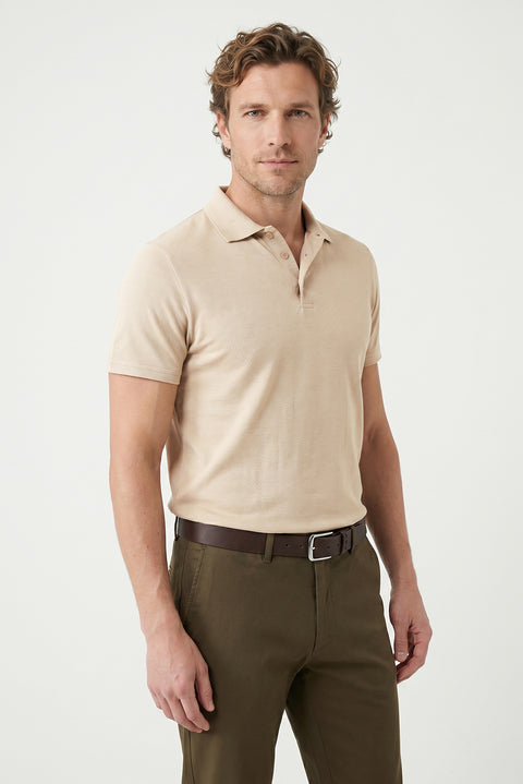 Orta Bej Polo Yaka Regular Fit Nakışlı Pamuklu Tişört