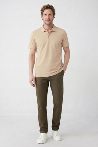  Orta Bej Polo Yaka Regular Fit Nakışlı Pamuklu Tişört