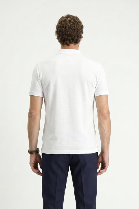 White Polo Collar Regular Fit Embroidered Cotton T-shirt