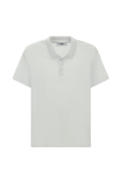 White Polo Collar Regular Fit Embroidered Cotton T-shirt