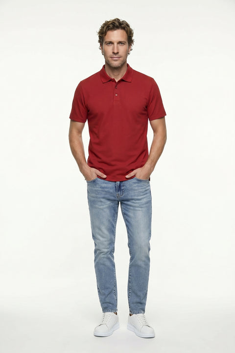 Açık Bordo Polo Yaka Regular Fit Nakışlı Pamuklu Tişört