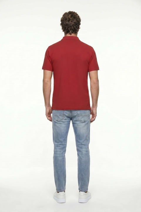 Açık Bordo Polo Yaka Regular Fit Nakışlı Pamuklu Tişört