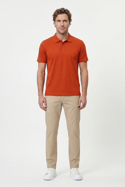 Kiremit Polo Yaka Regular Fit Nakışlı Pamuklu Tişört