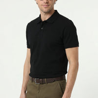 Siyah Polo Yaka Slim Fit Nakışlı %100 Pamuk Tişört