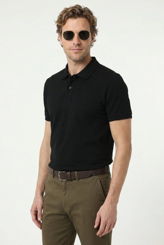  Siyah Polo Yaka Slim Fit Nakışlı %100 Pamuk Tişört