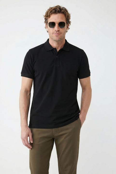 Siyah Polo Yaka Slim Fit Nakışlı %100 Pamuk Tişört