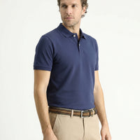 Medium Navy Blue Polo Collar Slim Fit Embroidered 100% Cotton T-shirt