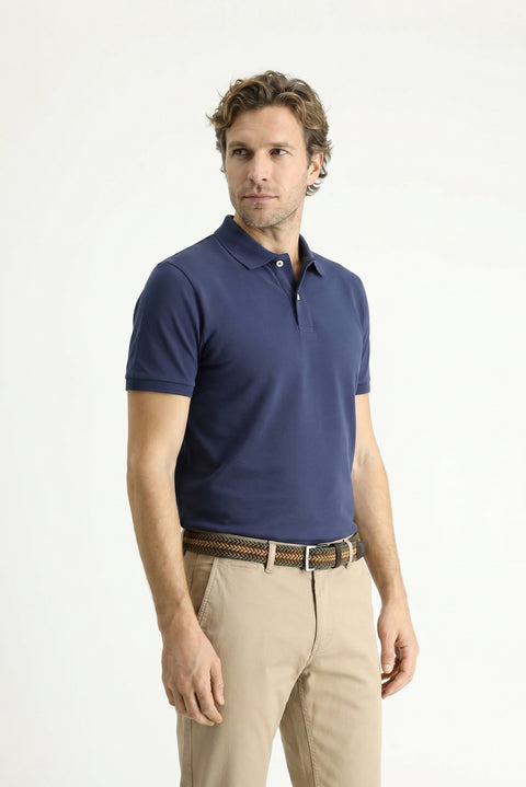 Medium Navy Blue Polo Collar Slim Fit Embroidered 100% Cotton T-shirt