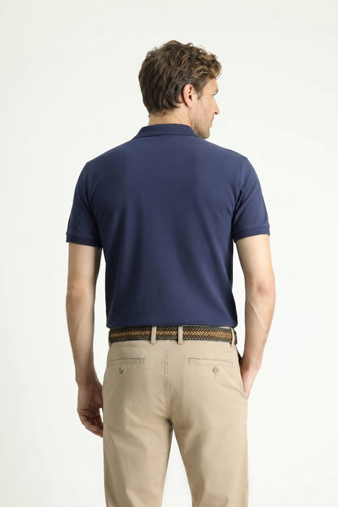 Medium Navy Blue Polo Collar Slim Fit Embroidered 100% Cotton T-shirt