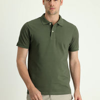 Orta Haki Polo Yaka Slim Fit Nakışlı %100 Pamuk Tişört