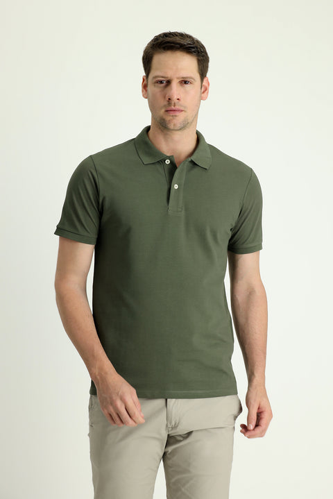 Orta Haki Polo Yaka Slim Fit Nakışlı %100 Pamuk Tişört