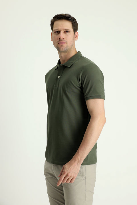 Orta Haki Polo Yaka Slim Fit Nakışlı %100 Pamuk Tişört