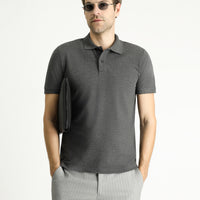 Koyu Antrasit Polo Yaka Slim Fit Nakışlı %100 Pamuk Tişört