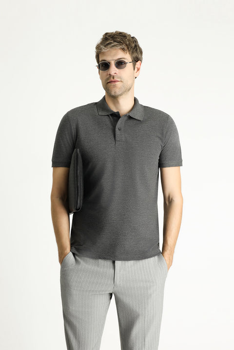 Koyu Antrasit Polo Yaka Slim Fit Nakışlı %100 Pamuk Tişört