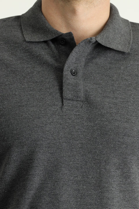 Koyu Antrasit Polo Yaka Slim Fit Nakışlı %100 Pamuk Tişört