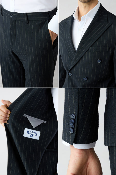 Dark Navy 7 Drop Slim Fit Narrow Cut Pointed Collar Double-Breasted Suit