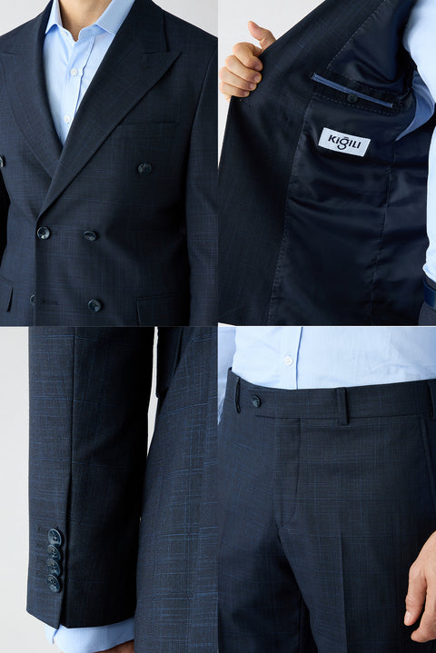 Koyu Lacivert 6 Drop Regular Fit Standart Kesim Sivri Yaka Kruvaze Ekose Takım Elbise