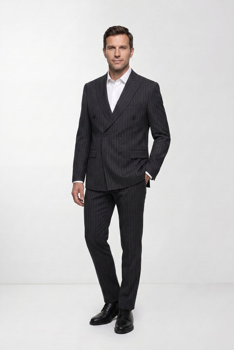 Koyu Füme 7 Drop Slim Fit Dar Kesim Sivri Yaka Çizgili Kruvaze Takım Elbise
