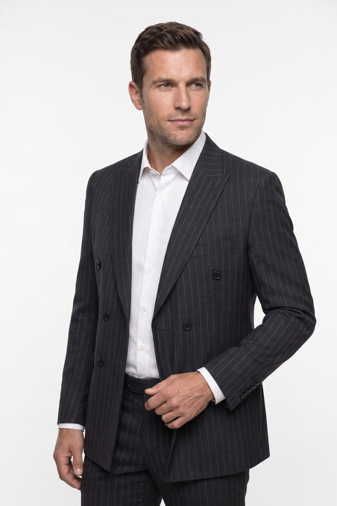 Dark Grey 6 Drop Regular Fit Standard Cut Peak Lapel Striped Double-Breasted Suit