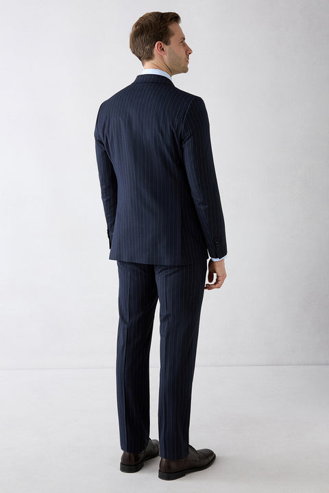 Mid-Navy 6-Drop Regular Fit Standard Cut Pointed Collar Striped Double-Breasted Suit