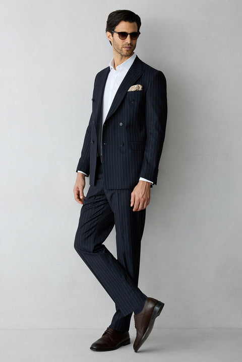Dark Navy 6-Drop Regular Fit Standard Cut Pointed Collar Striped Double-Breasted Suit