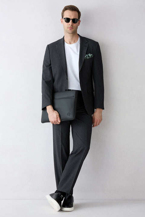 Black 7 Drop Slim Fit Narrow Cut Mono Collar Striped Suit