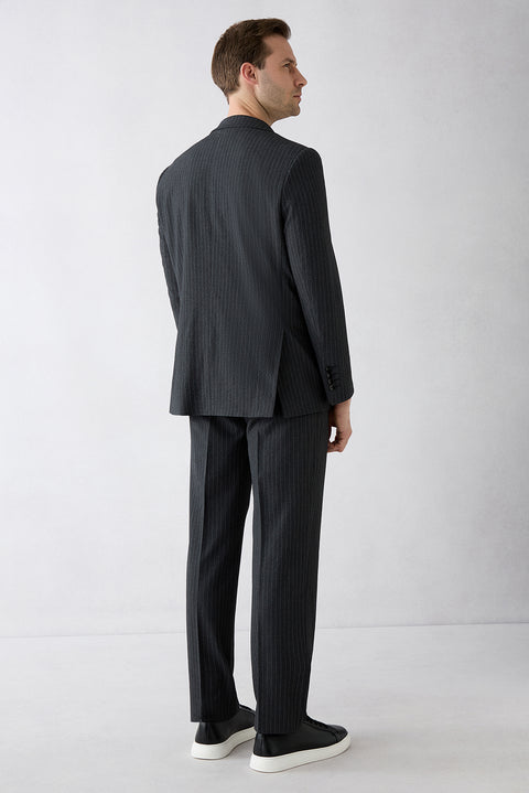 Black 7 Drop Slim Fit Narrow Cut Mono Collar Striped Suit