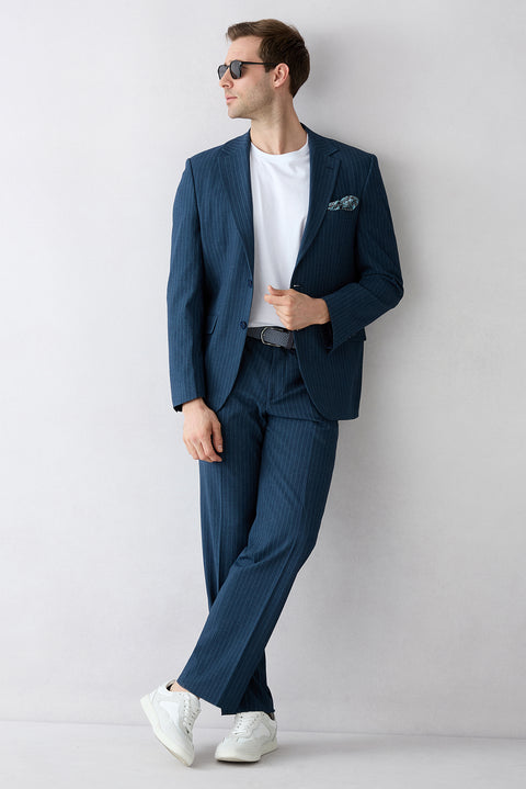 Medium Navy 7 Drop Slim Fit Narrow Cut Mono-Neck Striped Suit
