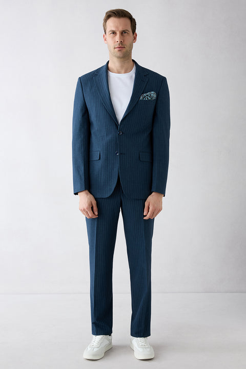 Mid Navy 4-Drop Relaxed Fit Shawl Lapel Striped Suit