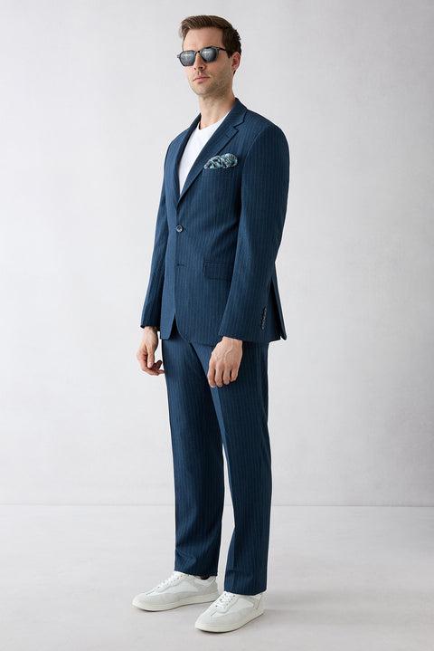 Medium Navy 7 Drop Slim Fit Narrow Cut Mono-Neck Striped Suit