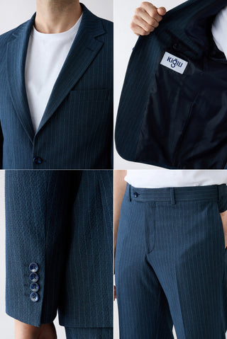  Orta Lacivert 4 Drop Relaxed Fit Rahat Kesim Mono Yaka Çizgili Takım Elbise