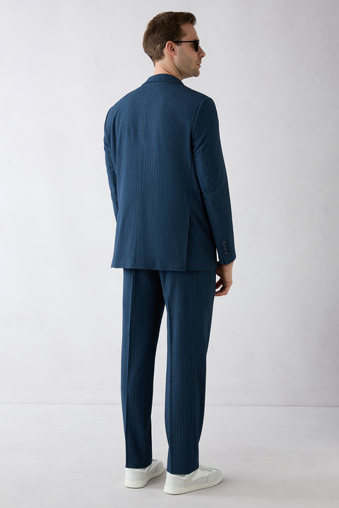 Mid Navy 4-Drop Relaxed Fit Shawl Lapel Striped Suit