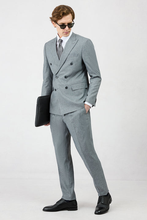 Dark Charcoal 7-Drop Super Slim Fit Extra Narrow Peak Lapel Elasticated Waistband Drawstring Striped Double-Breasted Suit
