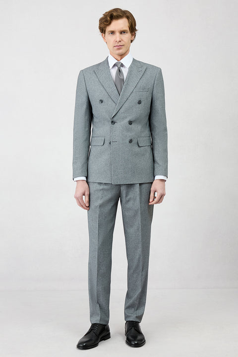 Dark Charcoal 7-Drop Super Slim Fit Extra Narrow Peak Lapel Elasticated Waistband Drawstring Striped Double-Breasted Suit