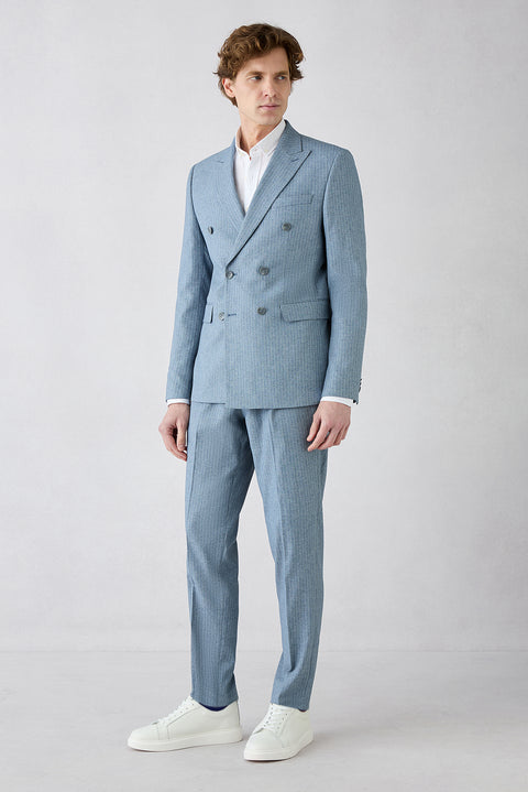 Koyu Mavi  7 Drop Slim Fit Dar Kesim Sivri Yaka Beli Lastikli İpli Çizgili Kruvaze Takım Elbise