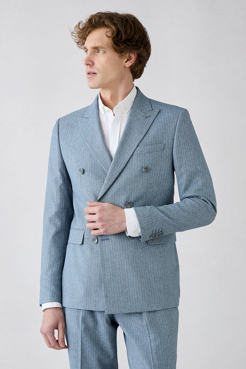 Koyu Mavi  7 Drop Slim Fit Dar Kesim Sivri Yaka Beli Lastikli İpli Çizgili Kruvaze Takım Elbise