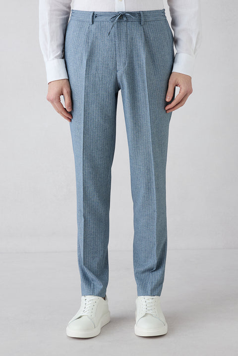 Koyu Mavi  7 Drop Slim Fit Dar Kesim Sivri Yaka Beli Lastikli İpli Çizgili Kruvaze Takım Elbise