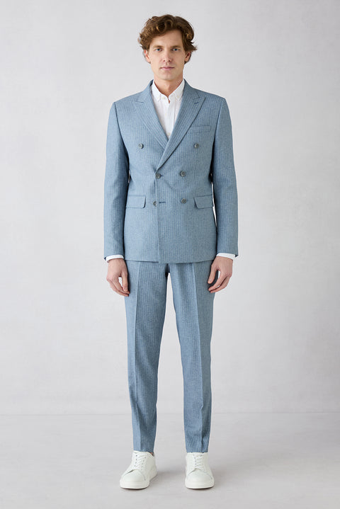 Dark Blue 7 Drop Super Slim Fit Extra Narrow Lapel Elastic Waist Drawstring Striped Double-Breasted Suit