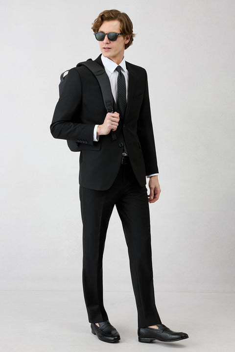 Black 4-Drop Relaxed Fit Mono Collar Stretch Suit