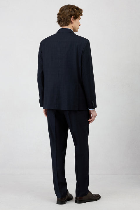 Dark Navy 4-Drop Relaxed Fit Shawl Lapel Plaid Stretchy Tracksuit