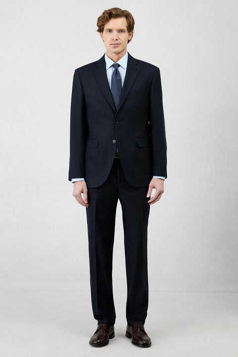 Dark Navy 4-Drop Relaxed Fit Shawl Lapel Plaid Stretchy Tracksuit
