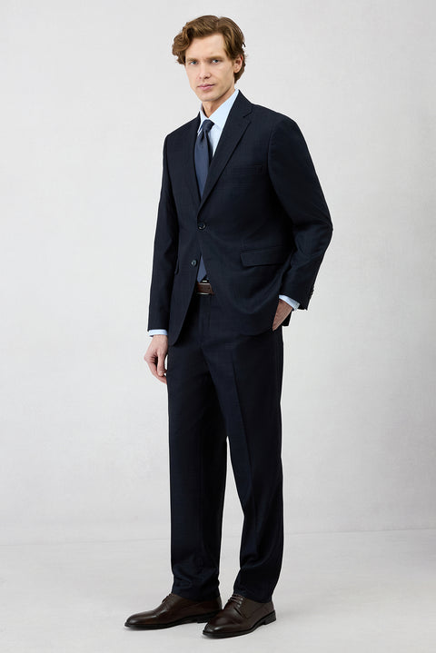 Dark Navy 4-Drop Relaxed Fit Shawl Lapel Plaid Stretchy Tracksuit