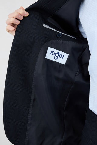  Koyu Lacivert 4 Drop Relaxed Fit Rahat Kesim Mono Yaka Ekose Beli Lastikli Likralı Takım Elbise