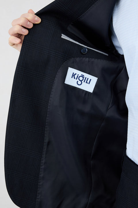 Dark Navy 4-Drop Relaxed Fit Shawl Lapel Plaid Stretchy Tracksuit