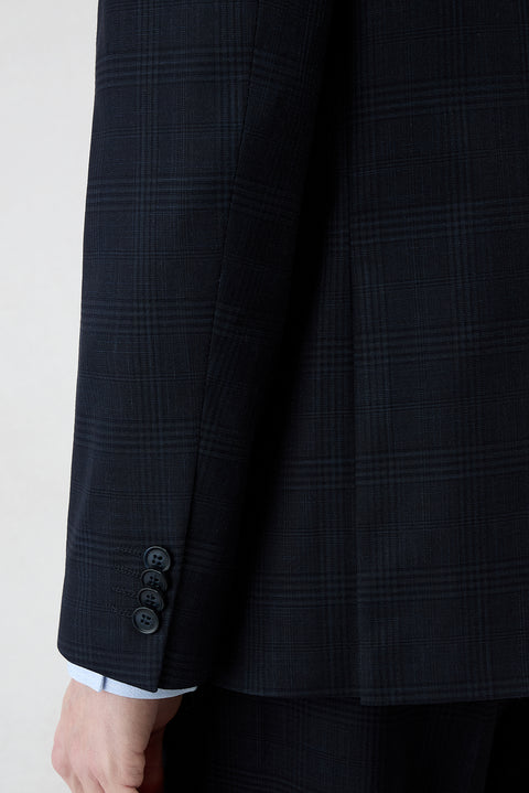 Dark Navy 4-Drop Relaxed Fit Shawl Lapel Plaid Stretchy Tracksuit