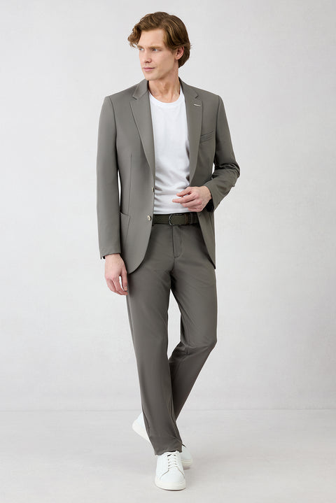 Açık Füme Techno-Line 7 Drop Super Slim Fit Eksra Dar Kesim Beli Lastikli Esnek Çantalı Takım Elbise