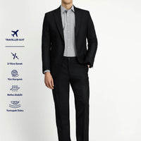 Black 6-Drop Regular Fit Standard Cut Wool Traveller Suit with Bag