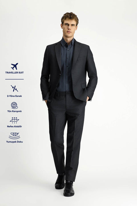 Dark Gray 6 Drop Regular Fit Standard Cut Wool Traveller Suit with Bag